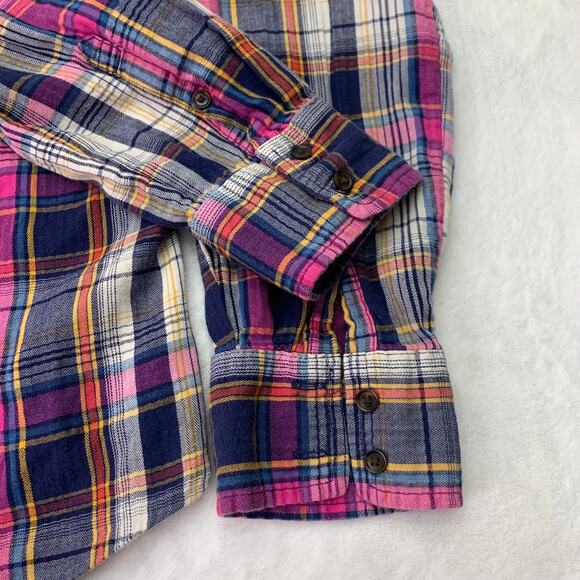 Merona Womens Large Pink Blue Orange Plaid Long Sleeve Cotton Button Up Shirt - Picture 7 of 9